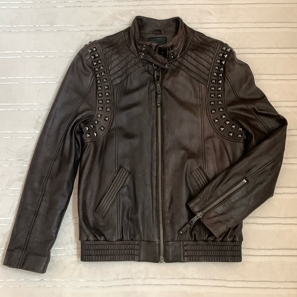 Faith Connexion Designer Men’s Brown Leather Studded Biker Bomber Jacket